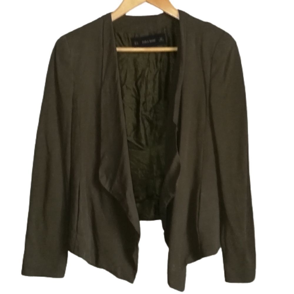 ZARA Khaki Green Open Front Lyocell Waterfall Business Casual Blazer Medium
